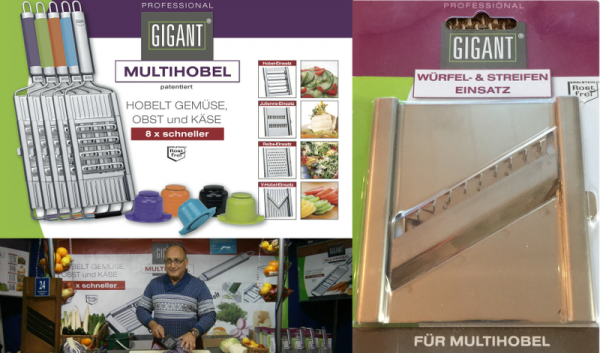 GIGANT Multihobel Set + Würfel & Streifen Einsatz + Edelstahlschäler